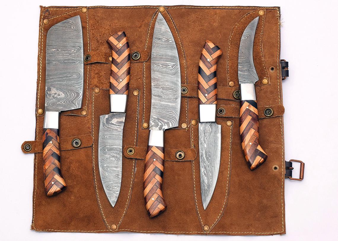 Professional Damascus chef knife set with steel bolster, ranging from 8 to 13 inches