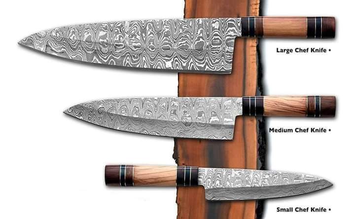 Custom Handmade Stainless Steel Knives Set – 13” Damascus Blade with Olive Wood or Rosewood Handle, Bolster & Leather Roll