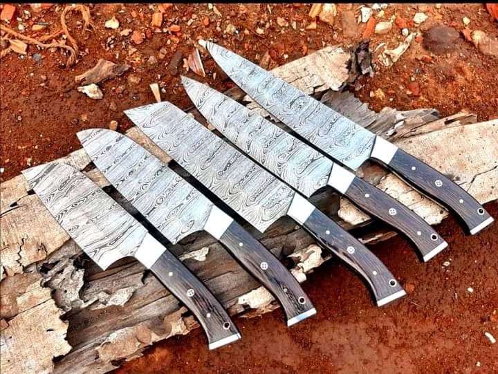 Custom Handmade Damascus Steel Cooking Knife – 13” Chef’s Blade with Wangi Wood Handle, Steel Bolster & Leather Roll Kit