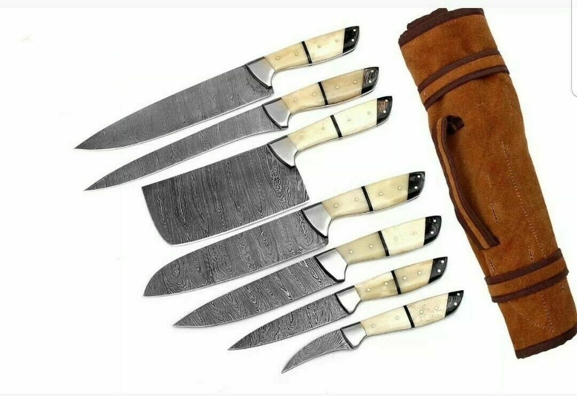 Custom Handmade Knife – 13” Damascus Steel Blade with Camel Bone Handle, Steel Bolster & Leather Roll | Custom Knife Set