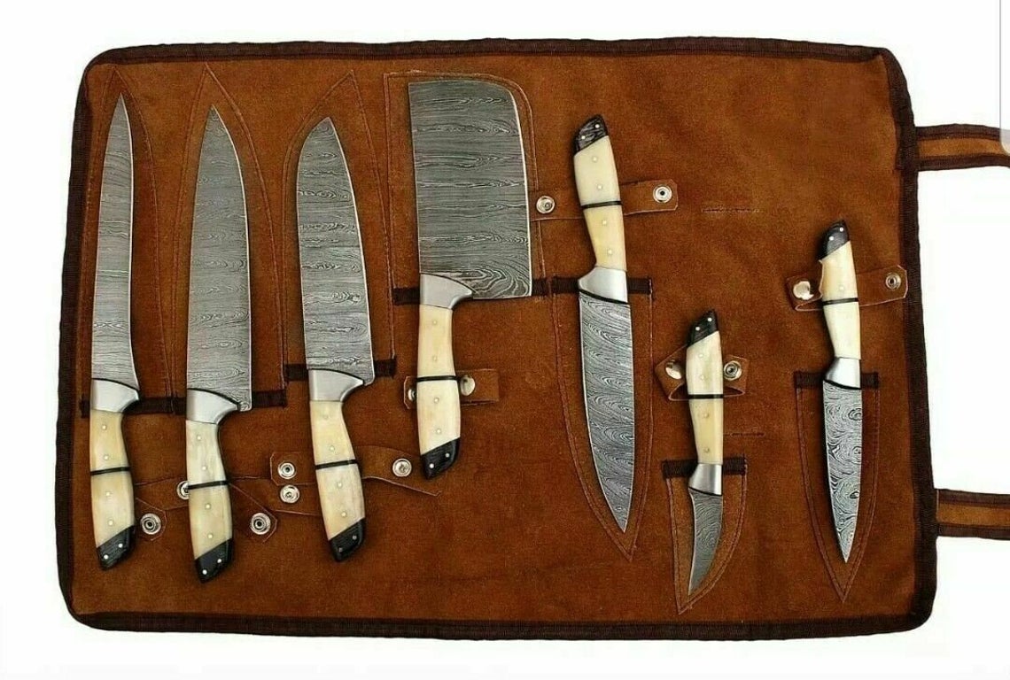 Custom Handmade Knife – 13” Damascus Steel Blade with Camel Bone Handle, Steel Bolster & Leather Roll | Custom Knife Set