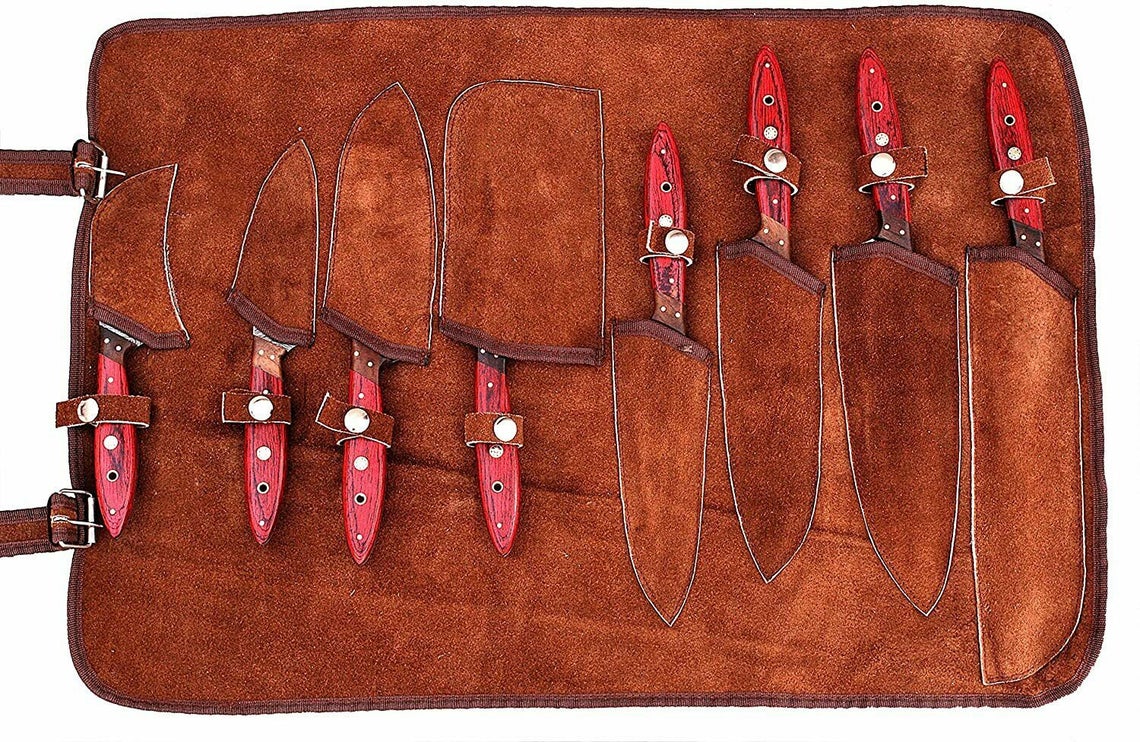 Custom Handmade Damascus Steel Chef Knife – 13” with Pakka Wood Handle & Leather Roll