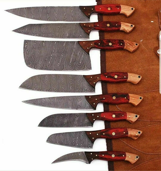 Custom Handmade Damascus Kitchen Knife Set – 13” with Olive, Rose, or Pakka Wood Handles & Leather Roll