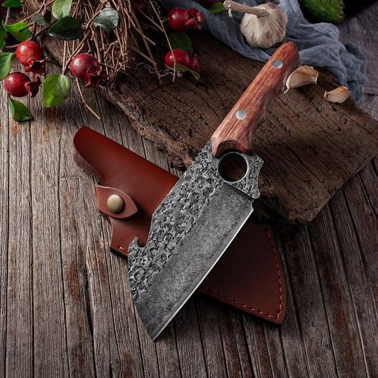 Best Cleaver Knife – Handmade Damascus Steel Cleaver with Rosewood Handle & Leather Sheath