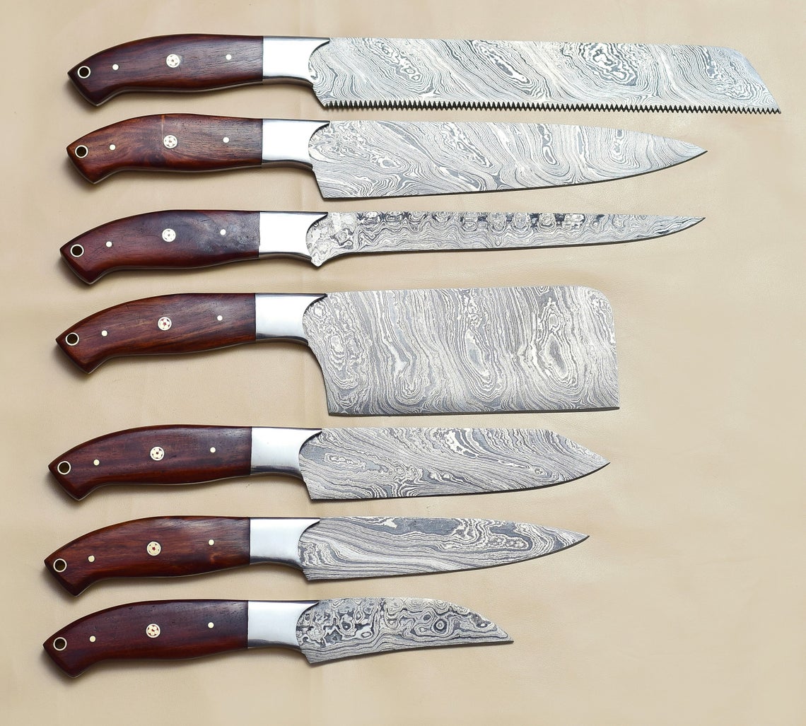 Custom Handmade Damascus Cooking Knife – 13” with Pakka Wood Handle, Steel Bolster & Leather Roll