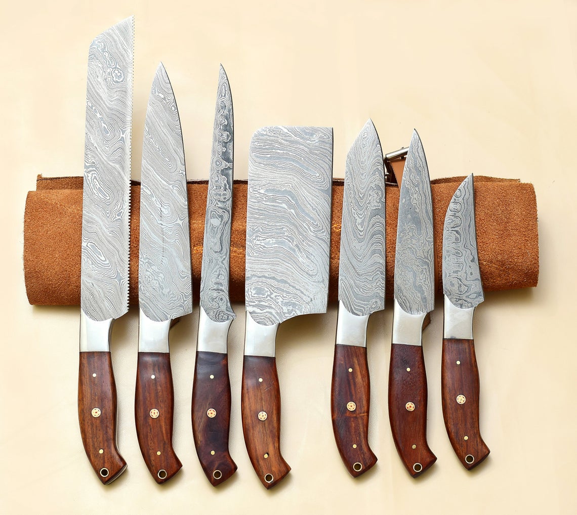 Custom Handmade Damascus Cooking Knife – 13” with Pakka Wood Handle, Steel Bolster & Leather Roll