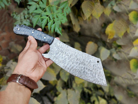Handmade Damascus Cleaver Knife – 10" Overall, Pakka Wood Handle with Leather Sheath