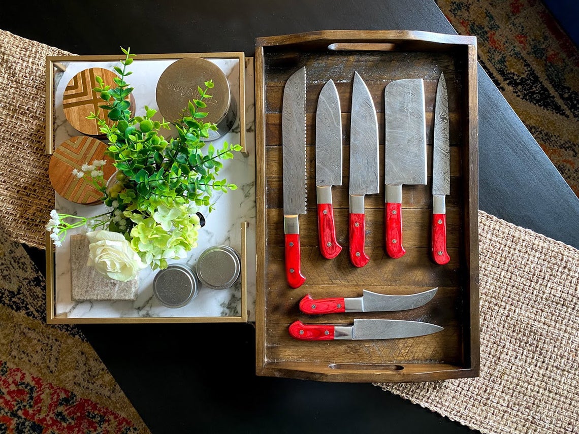 Custom Handmade Damascus Steel Chef Knife – 13” with Pakka Wood Handle, Steel Bolster & Leather Roll | Best Home Knife Set