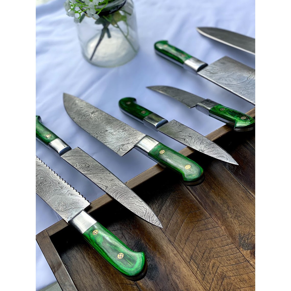 Custom Handmade Damascus Steel Knife – 13” Pakka Wood Handle, Steel Bolster & Leather Roll | Premium Knife Set Piece