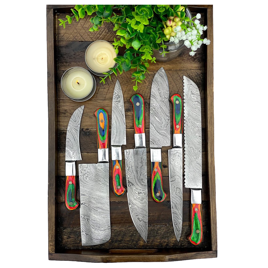 Custom Handmade Damascus Steel Knife Set – 13” Pakka Wood Handle, Steel Bolster & Leather Roll