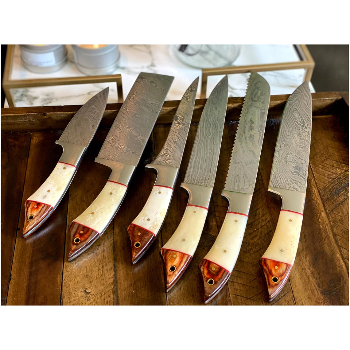 Custom Handmade Damascus Steel Knife Set – 13” Camel Bone or Pakka Wood Handle with Steel Bolster & Leather Roll