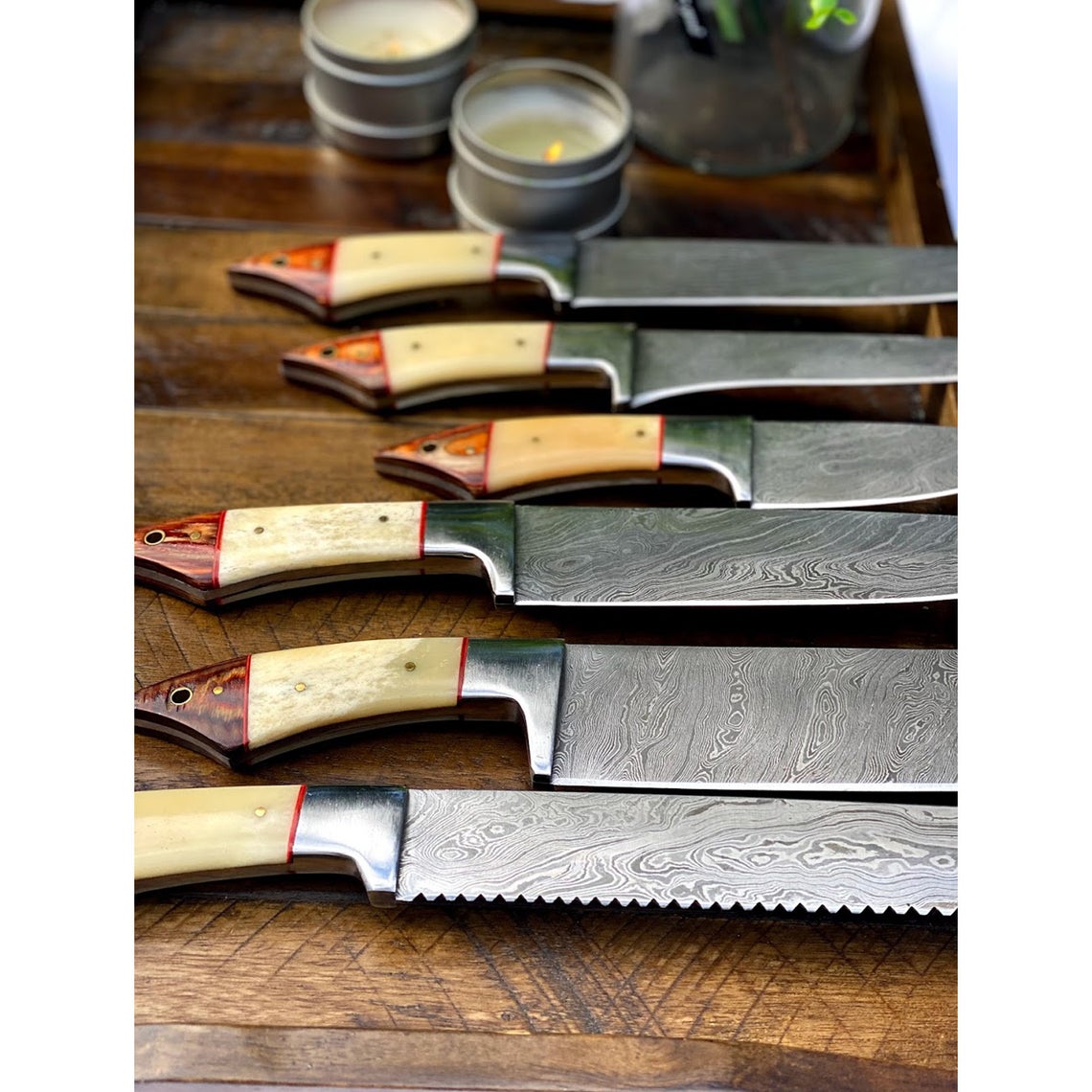 Custom Handmade Damascus Steel Knife Set – 13” Camel Bone or Pakka Wood Handle with Steel Bolster & Leather Roll