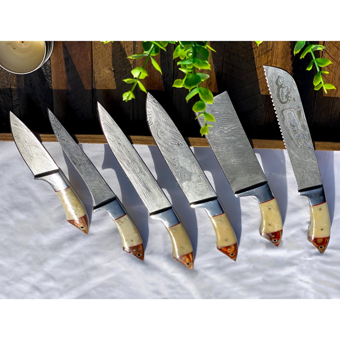 Custom Handmade Damascus Steel Knife Set – 13” Camel Bone or Pakka Wood Handle with Steel Bolster & Leather Roll