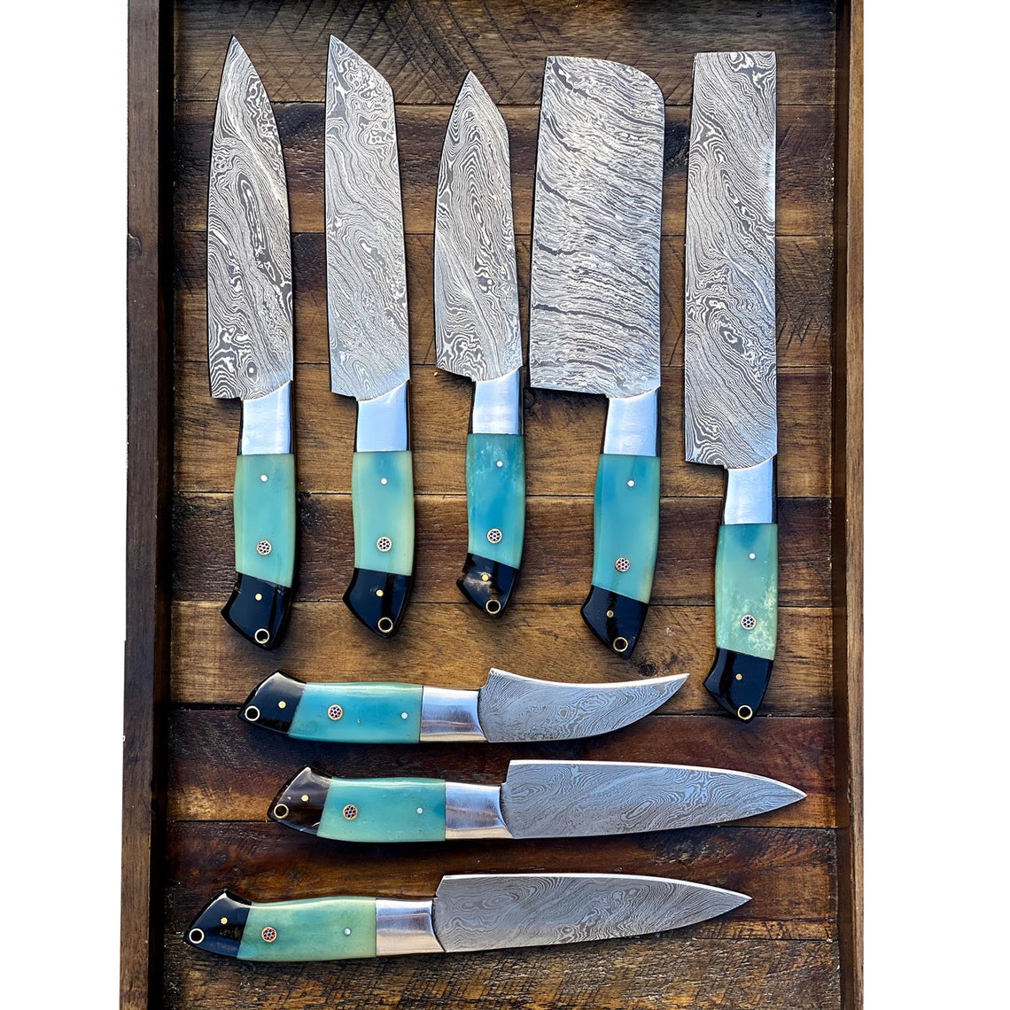 Custom Handmade Damascus Kitchen Knife – 13” with Colored Bone or Resin Handle, Steel Bolster & Leather Roll Kit