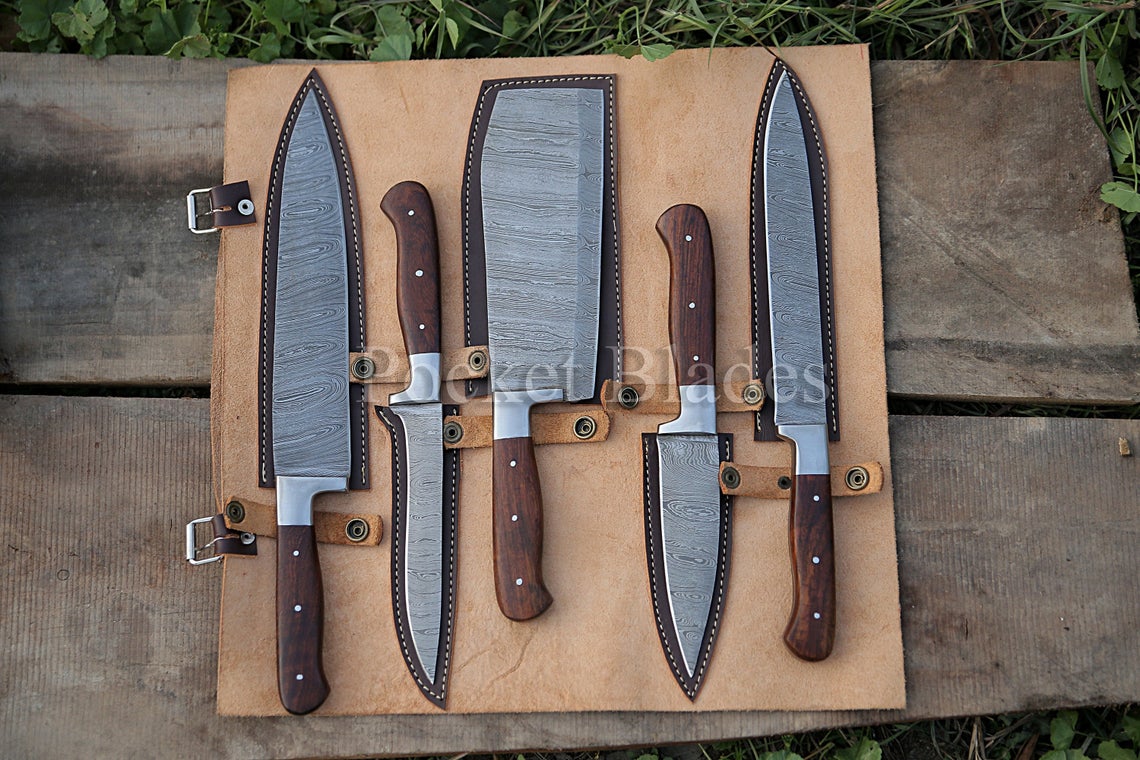 Custom Handmade Damascus Knife Damascus – 13” Chef Knife with Rosewood Handle, Steel Bolster & Leather Roll Kit