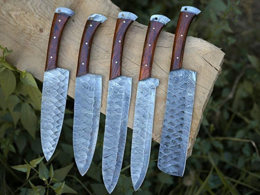 Custom Handmade Forged Damascus Steel Kitchen Chef Knife Set with Rosewood Handles and Leather Roll Kit