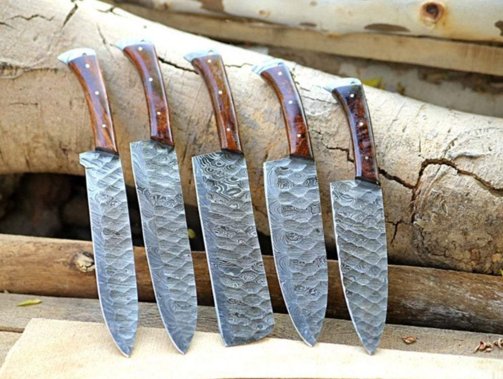 Premium Custom Handmade Forged Damascus Steel Kitchen Chef Knife Set – Rosewood Handles & Leather Roll Kit