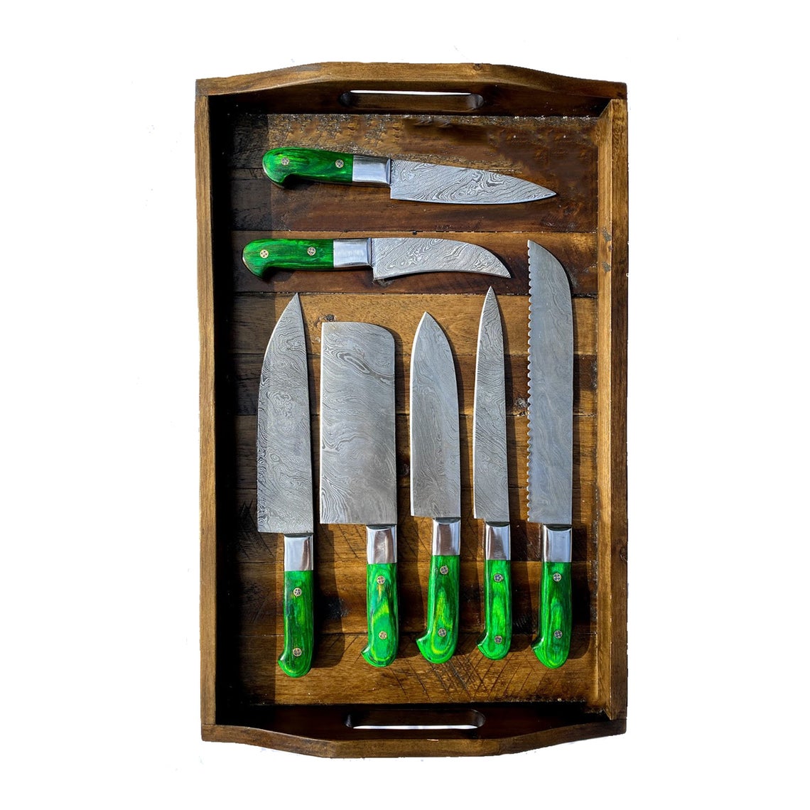 Custom Handmade Damascus Steel Knife – 13” Pakka Wood Handle, Steel Bolster & Leather Roll | Premium Knife Set Piece