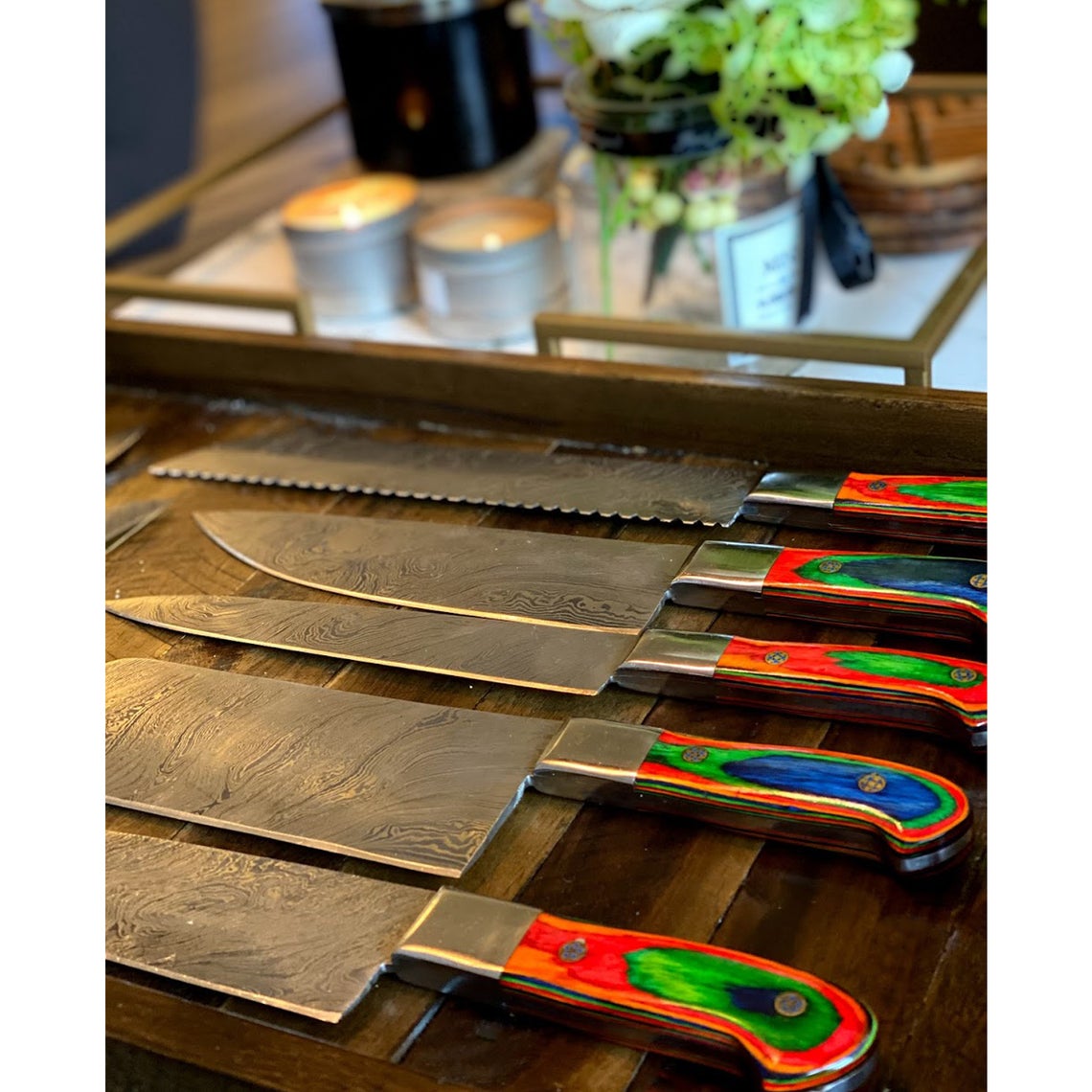 Custom Handmade Damascus Steel Knife Set – 13” Pakka Wood Handle, Steel Bolster & Leather Roll