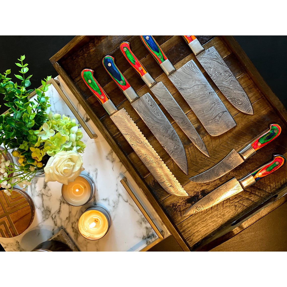 Custom Handmade Damascus Steel Knife Set – 13” Pakka Wood Handle, Steel Bolster & Leather Roll