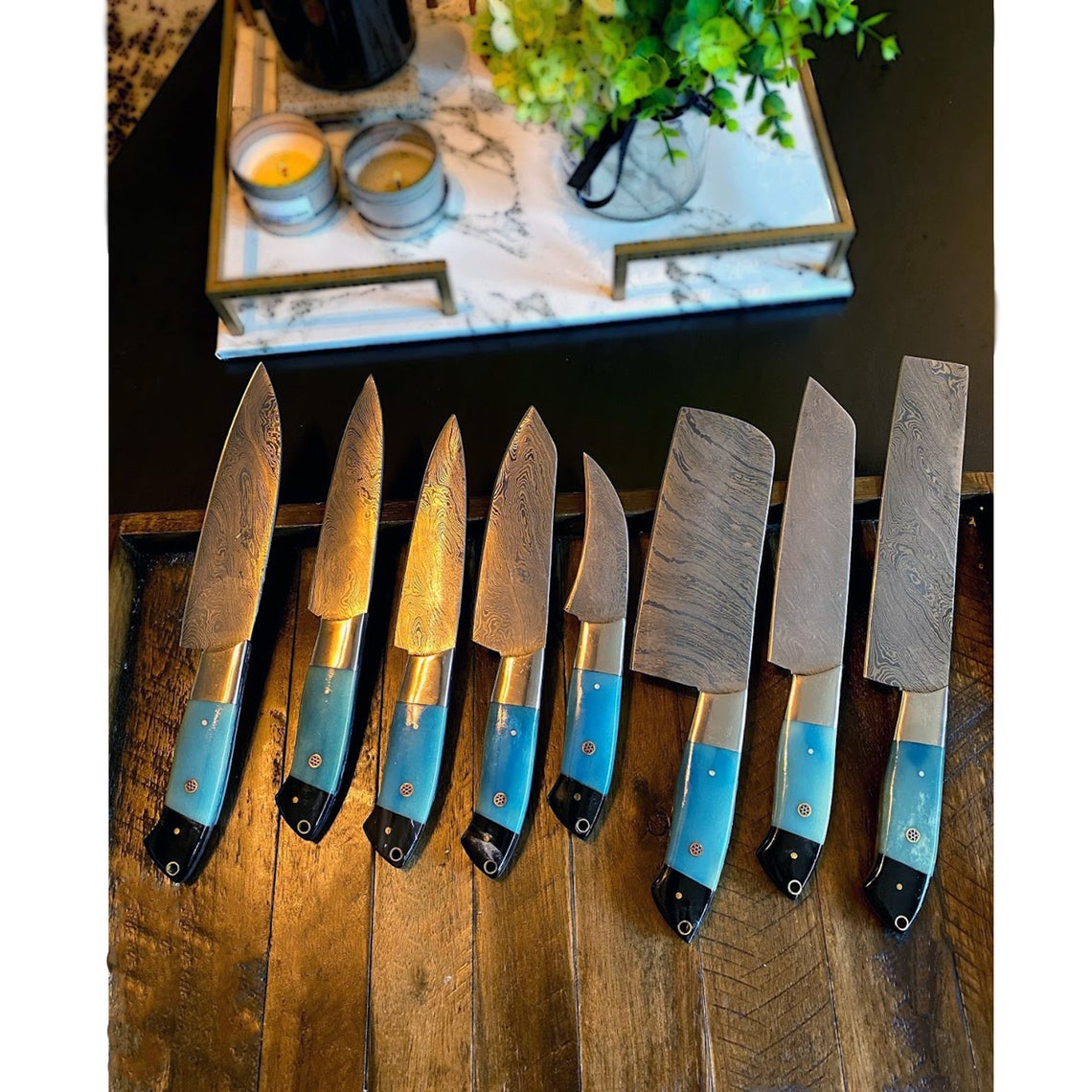 Custom Handmade Damascus Kitchen Knife – 13” with Colored Bone or Resin Handle, Steel Bolster & Leather Roll Kit