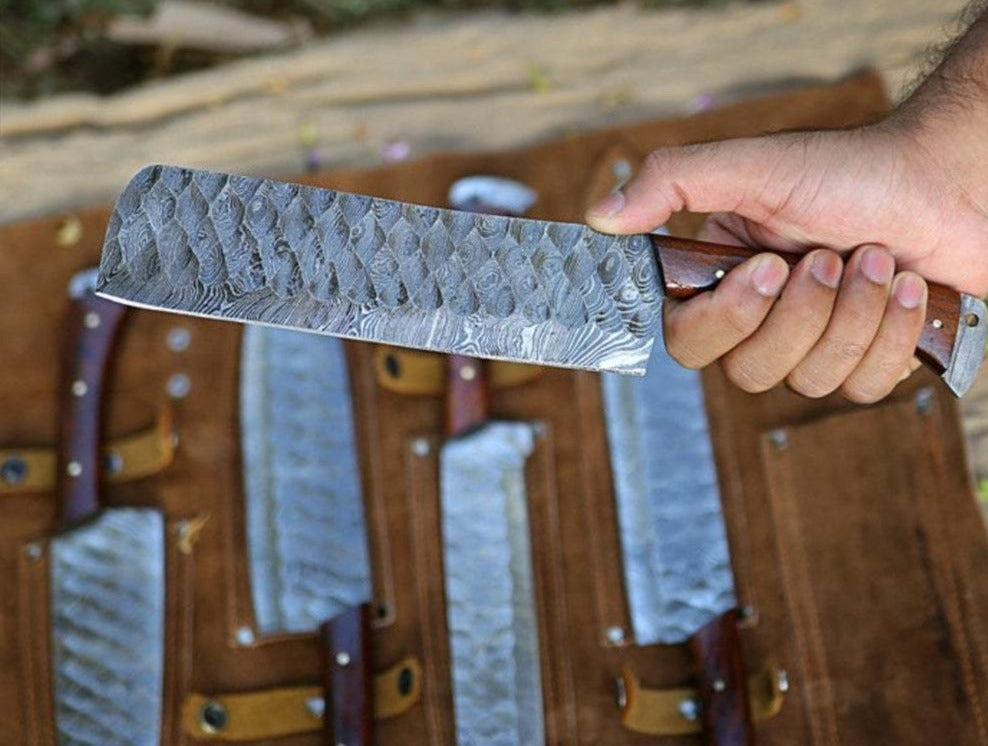 Premium Custom Handmade Forged Damascus Steel Kitchen Chef Knife Set – Rosewood Handles & Leather Roll Kit