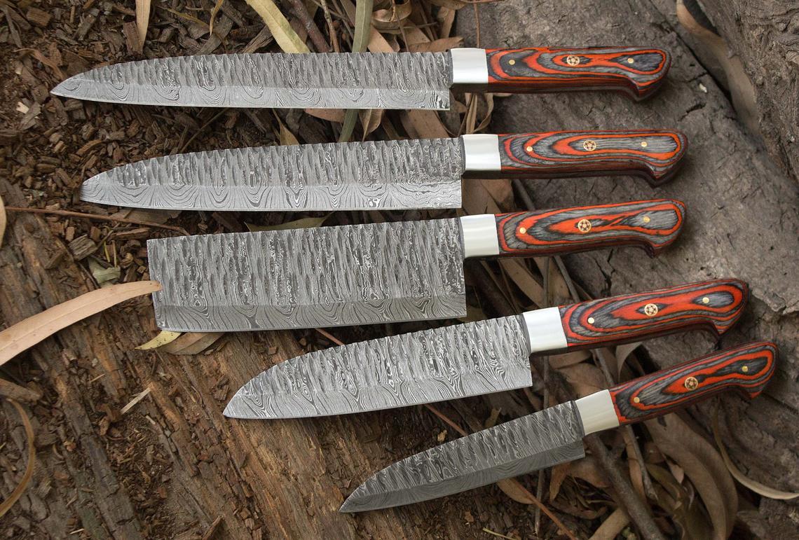 Custom Handmade Damascus Kitchen Knives Set with Exotic Wood Handles, Steel Bolsters, and Leather Roll Kit
