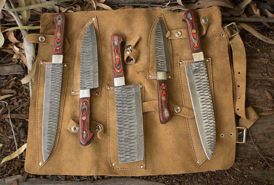 Custom Handmade Damascus Kitchen Knives Set with Exotic Wood Handles, Steel Bolsters, and Leather Roll Kit