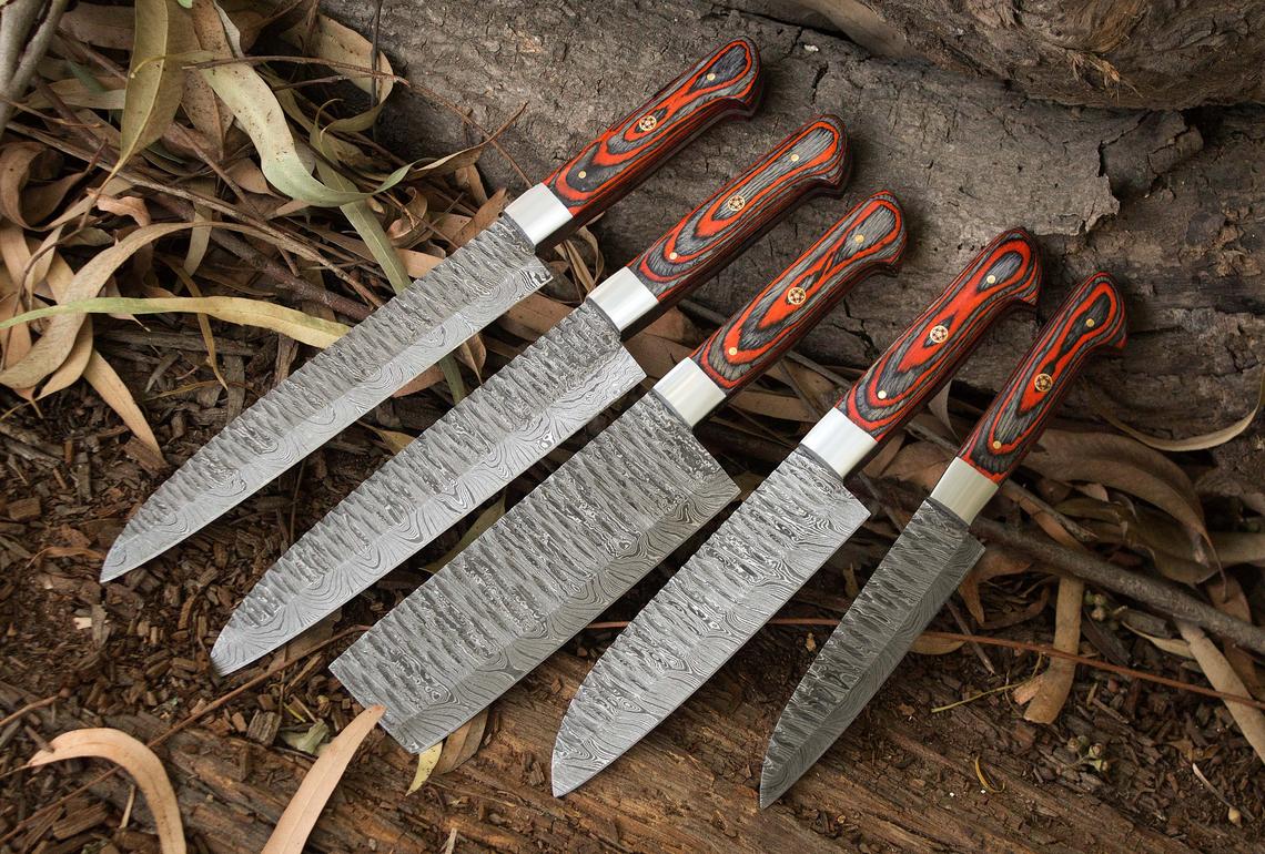 Custom Handmade Damascus Kitchen Knives Set with Exotic Wood Handles, Steel Bolsters, and Leather Roll Kit