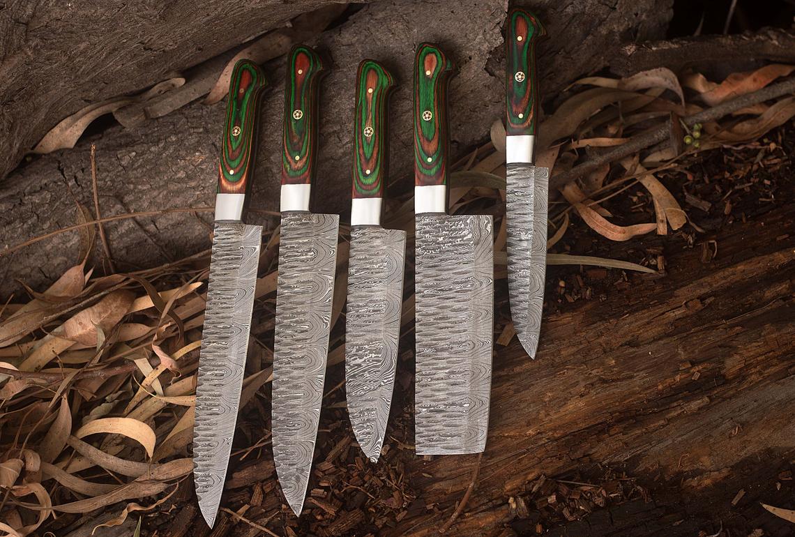 Custom Handmade Damascus Kitchen Knives Set with Exotic Wood Handles and Steel Bolsters