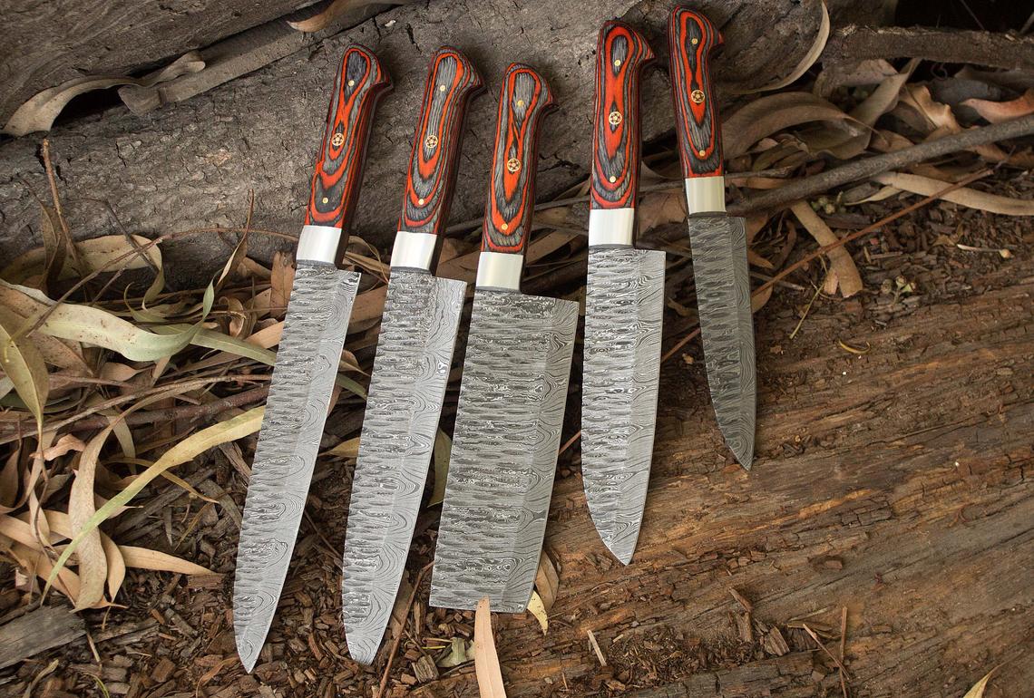 Custom Handmade Damascus Kitchen Knives Set with Exotic Wood Handles, Steel Bolsters, and Leather Roll Kit