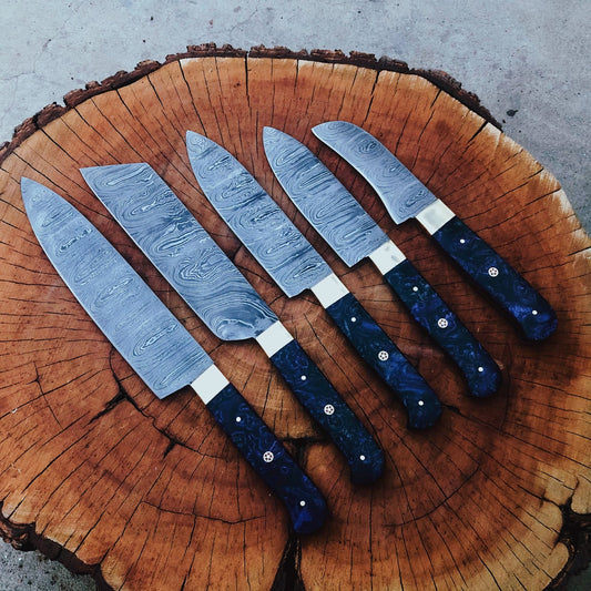 Custom Handmade Damascus Steel Kitchen Chef Knives Set with Epoxy Resin Handles and Leather Roll Kit