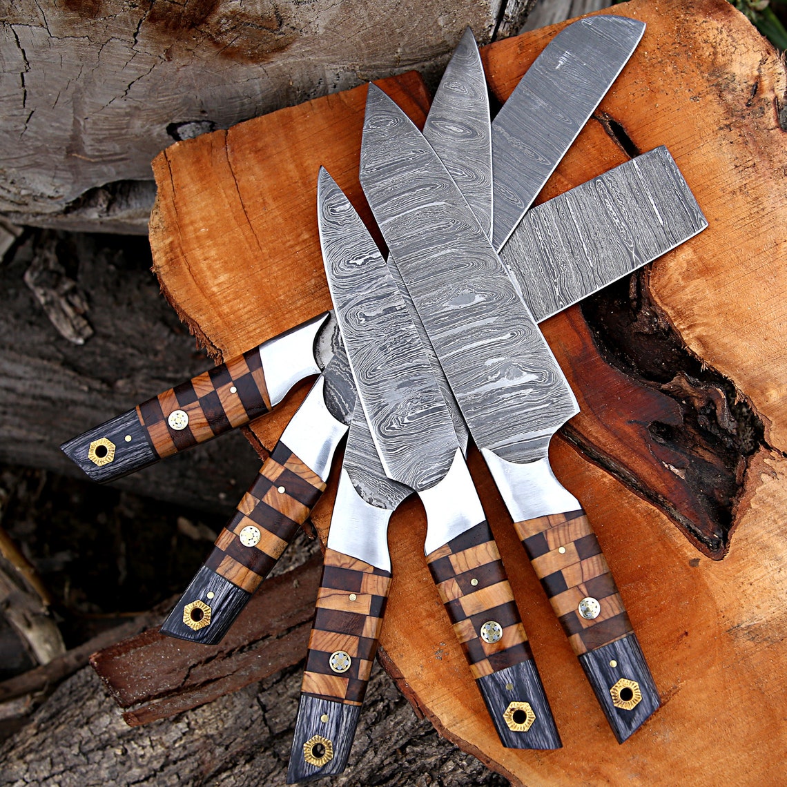 Elite Custom Handmade Forged Damascus Steel Chef Knife Set with Rosewood and Olive Wood Handles, Steel Bolster, and Leather Roll Kit
