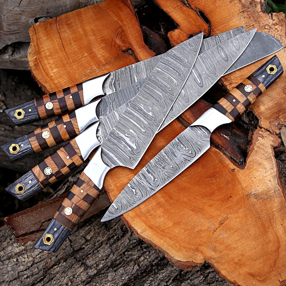 Elite Custom Handmade Forged Damascus Steel Chef Knife Set with Rosewood and Olive Wood Handles, Steel Bolster, and Leather Roll Kit
