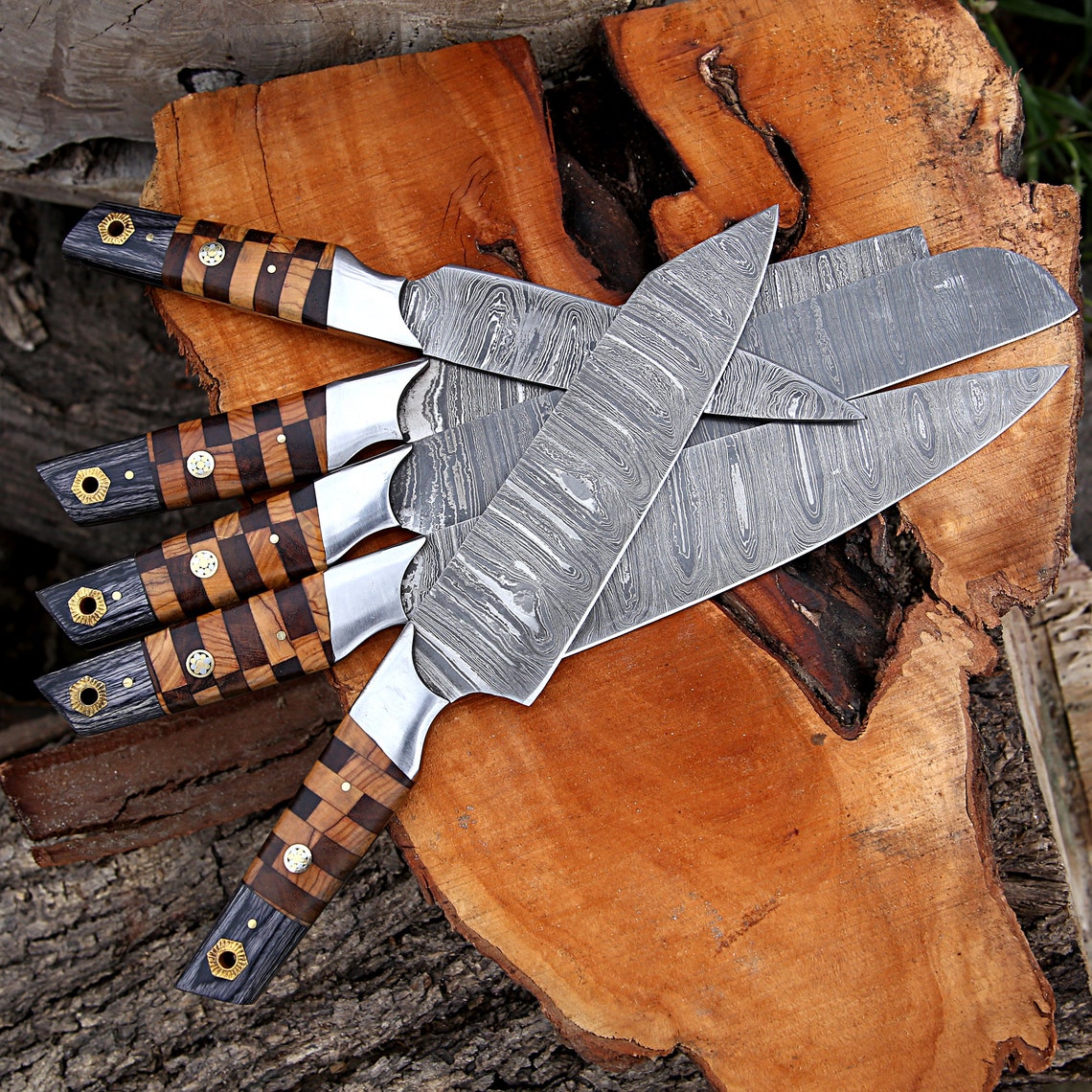 Elite Custom Handmade Forged Damascus Steel Chef Knife Set with Rosewood and Olive Wood Handles, Steel Bolster, and Leather Roll Kit