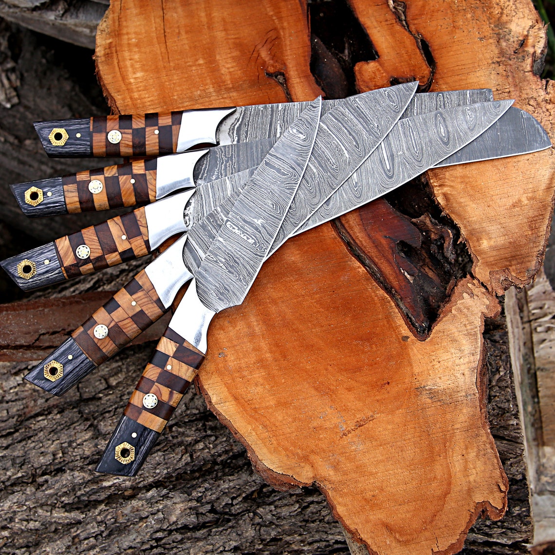 Elite Custom Handmade Forged Damascus Steel Chef Knife Set with Rosewood and Olive Wood Handles, Steel Bolster, and Leather Roll Kit