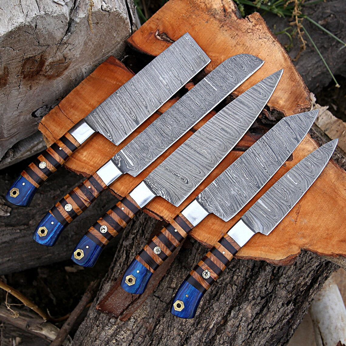 Custom Handmade Forged Damascus Steel Kitchen Chef Set with Rosewood and Olive Wood Handles, Steel Bolster, and Leather Roll Kit