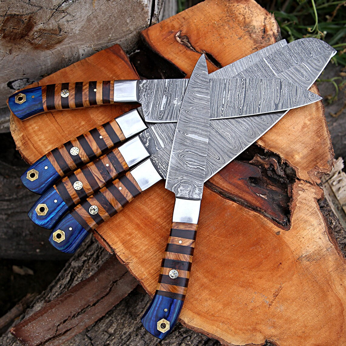 Custom Handmade Forged Damascus Steel Kitchen Chef Set with Rosewood and Olive Wood Handles, Steel Bolster, and Leather Roll Kit