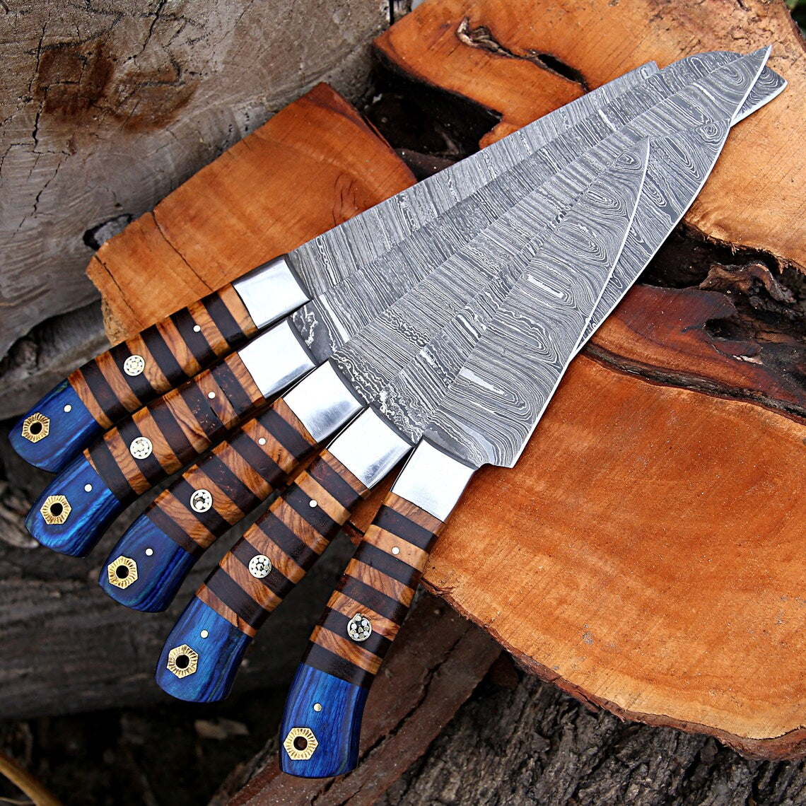 Custom Handmade Forged Damascus Steel Kitchen Chef Set with Rosewood and Olive Wood Handles, Steel Bolster, and Leather Roll Kit