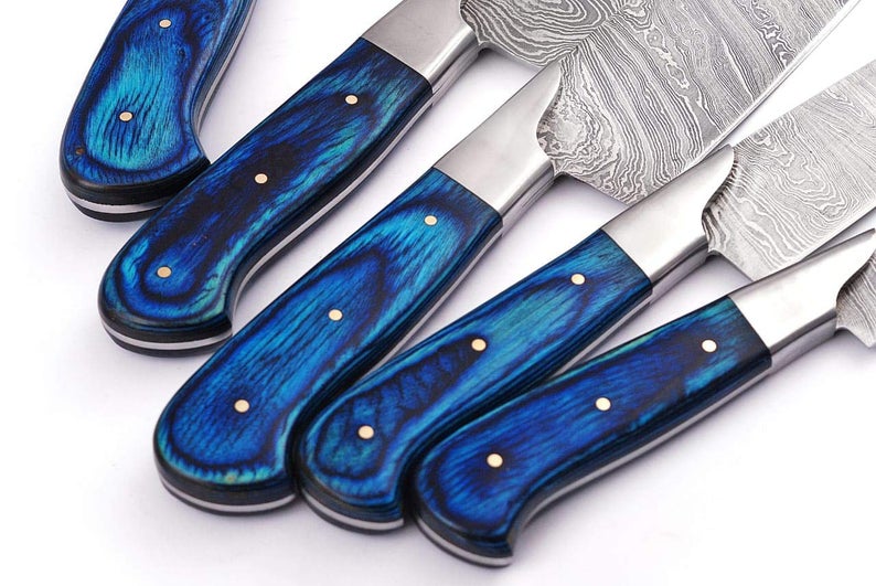 Custom Handmade Damascus Chef’s Knife – 13” with Pakka Wood Handle, Steel Bolster & Leather Roll Kit