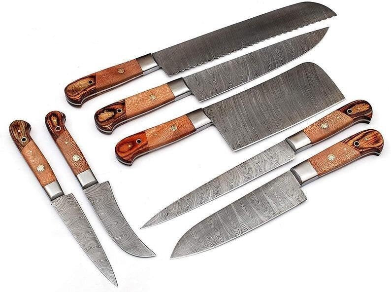 Custom Handmade Damascus Steel Knives Set – 13” with Pakka Wood Handle, Steel Bolster & Leather Roll