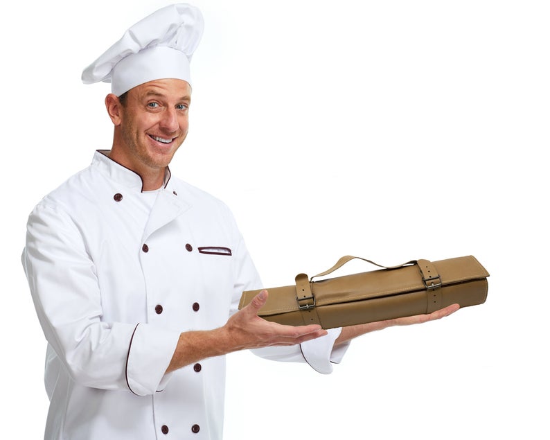 Custom Handmade Damascus Cooking Knife – 13” with Olive Wood Handle, Steel Bolster & Leather Roll Kit