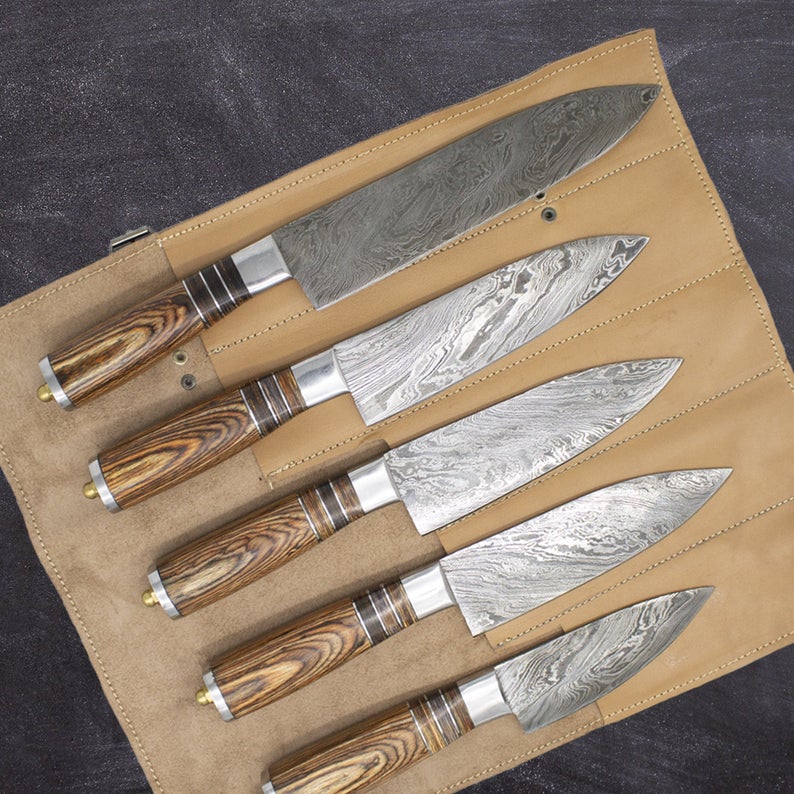 Best Damascus Knife Set – 13” Handmade Knife with Pakka Wood Handle, Steel Bolster & Leather Roll Kit