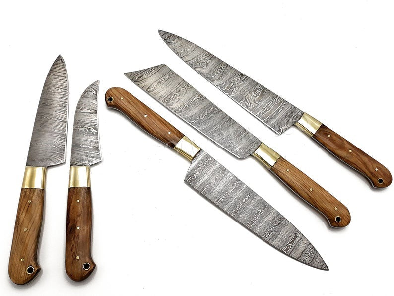 Custom Handmade Damascus Steel Japanese Knife – 13” with Olive Wood Handle, Brass Bolster & Leather Roll
