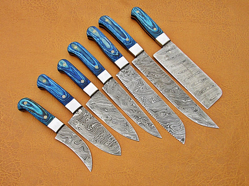 Custom Handmade Kitchen Knife Damascus – 13” with Pakka Wood Handle, Steel Bolster & Leather Roll