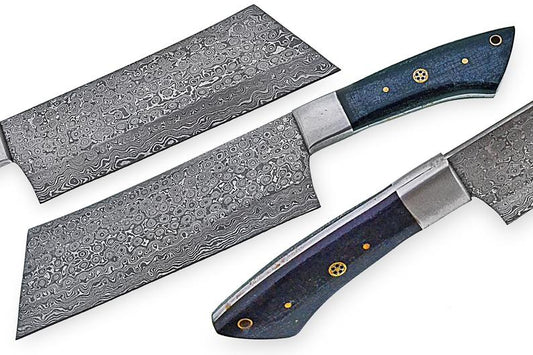 Custom Handmade Damascus Cleaver Knife – 10” with Micarta Handle & Leather Sheath