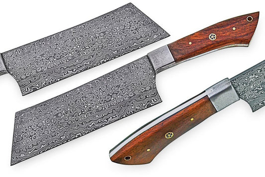 Handmade Damascus Cleaver Knife – 12" Overall, Rosewood Handle with Steel Bolster & Leather Sheath