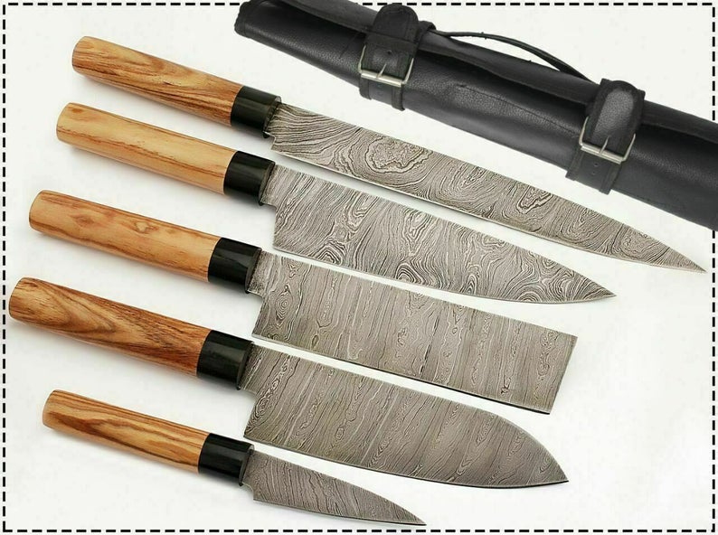Custom Handmade Damascus Chef Knife – 13” with Olive Wood or Resin Handle, Bolster & Leather Roll
