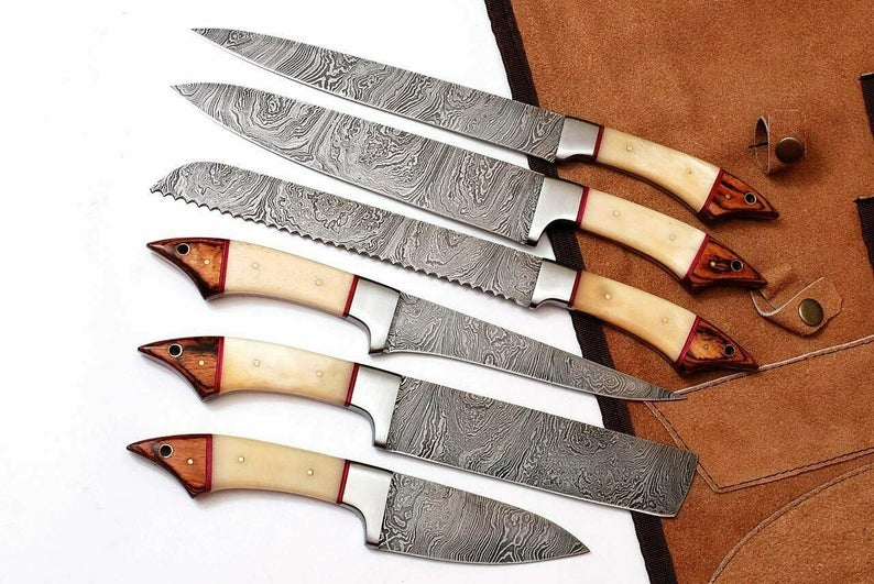 Custom Handmade Real Damascus Knife – 13” with Camel Bone or Pakka Wood Handle, Steel Bolster & Leather Roll Kit