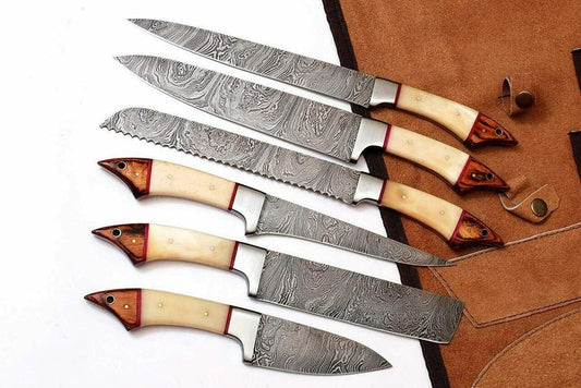 Custom Handmade Real Damascus Knife – 13” with Camel Bone or Pakka Wood Handle, Steel Bolster & Leather Roll Kit